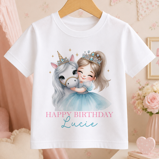 White cotton t-shirt printed with a girl hugging a horse and personalised birthday name.