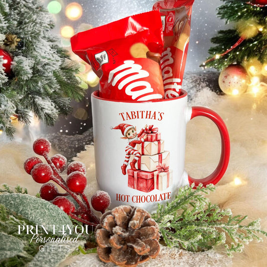 Personalised Christmas Mug with Elf Presents Custom Name Red Handle Mug Gift Set with Optional Maltesers Hot Chocolate - No