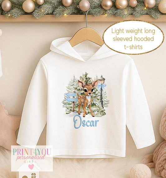 Personalised Christmas hooded t-shirt for kids, white lightweight long sleeved hoodie printed with a woodland fawn design and a name