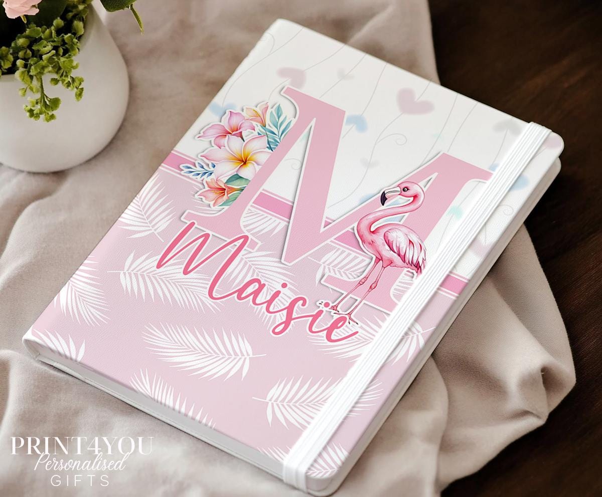 Personalised A5 flamingo notebook with tropical floral design, custom name and monogram on cream PU leather cover