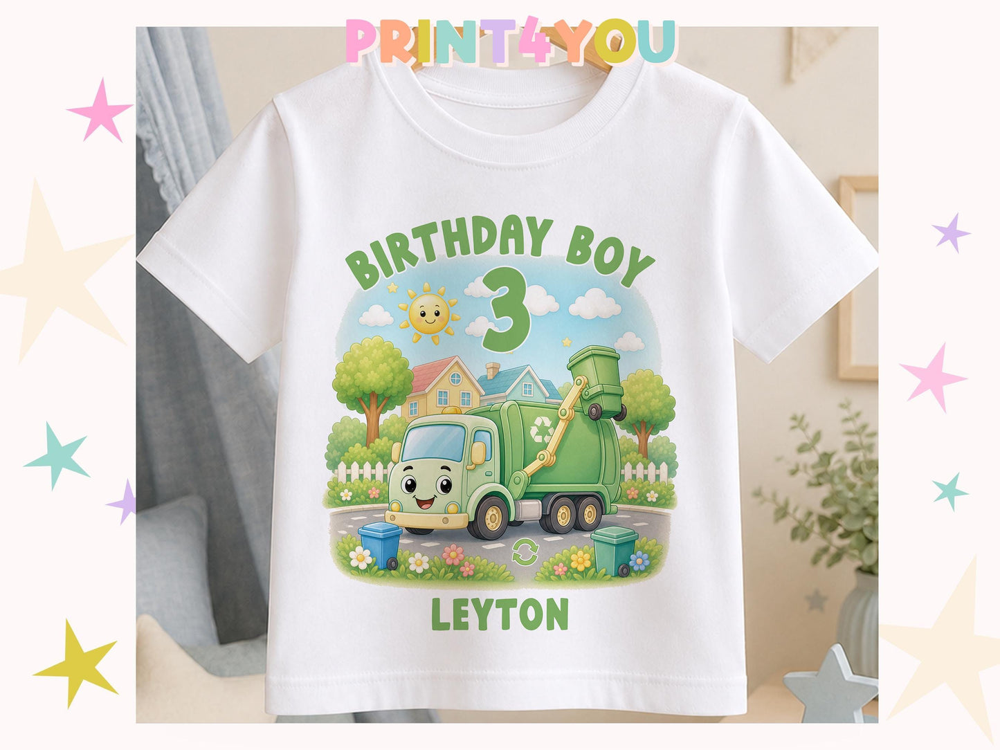 Personalised Garbage Truck Birthday Shirt - Green Recycle Truck Tee