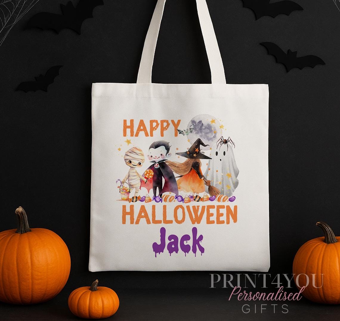 Kids personalised Halloween tote bag printed with witch, vampire, ghost and mummy characters and a custom child's name