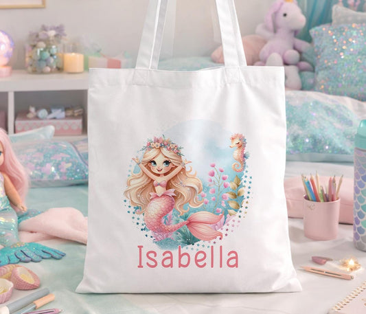 Personalised Mermaid Tote Bag - Custom Name Cotton Beach Bag for Girls