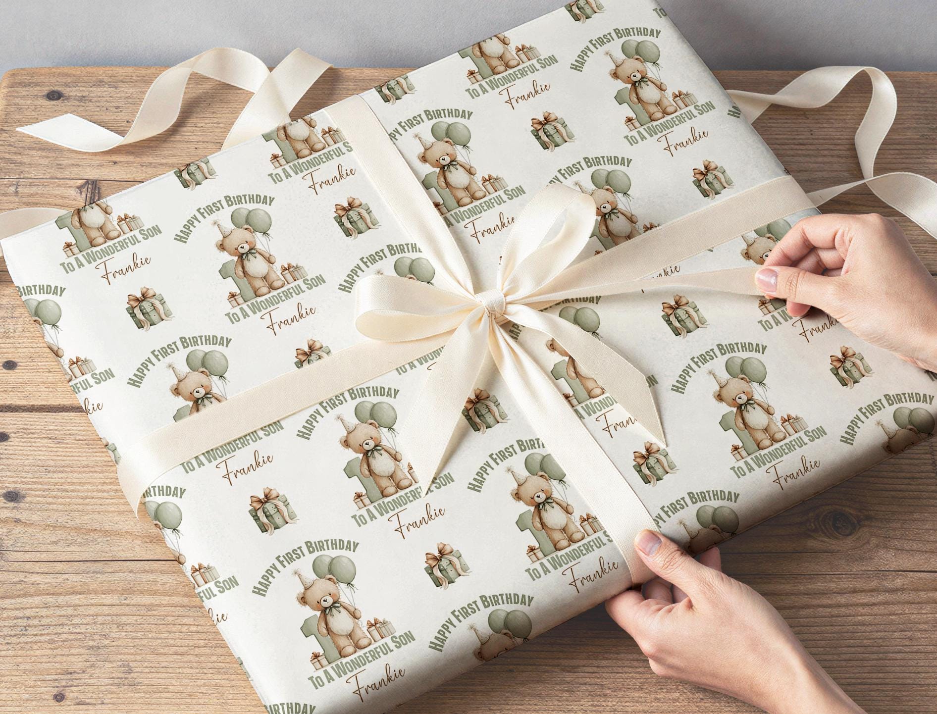 Section of the personalised teddy bear wrapping paper showing the teddy print and personalisation