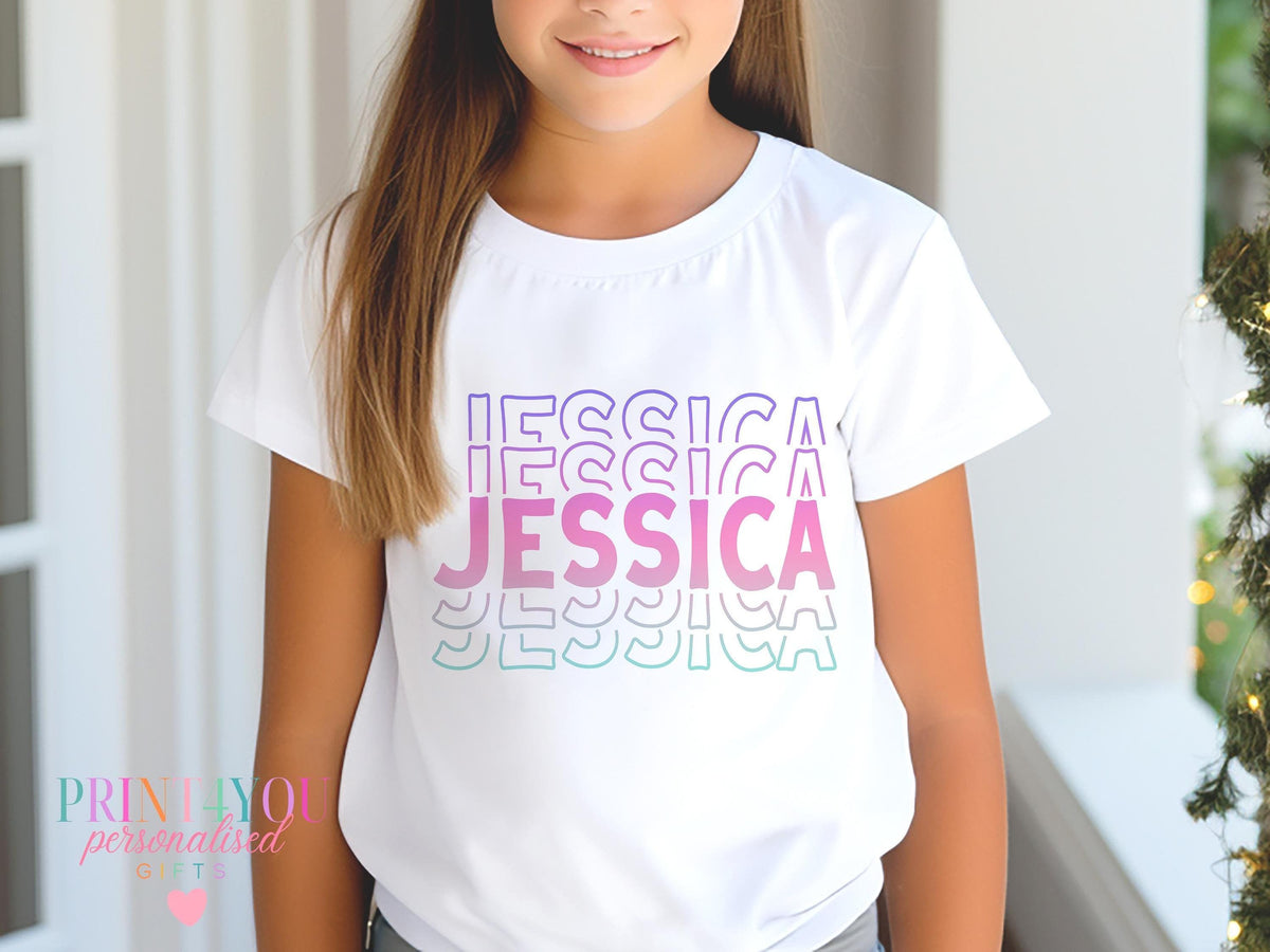 Personalised Childrens White Cotton T – shirt with Colorful Stacked Name in Pink Purple and Teal - 0-3month T-shirt