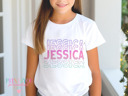 Personalised Childrens White Cotton T – shirt with Colorful Stacked Name in Pink Purple and Teal - 0-3month T-shirt