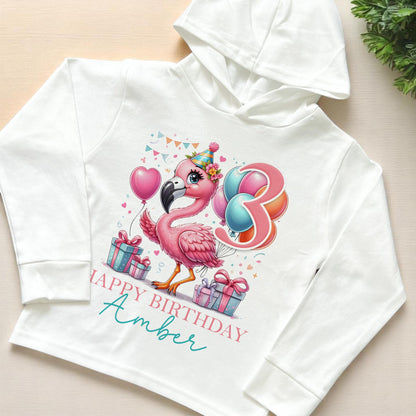 Personalised flamingo birthday number long-sleeved hooded t-shirt, 6-12 months size