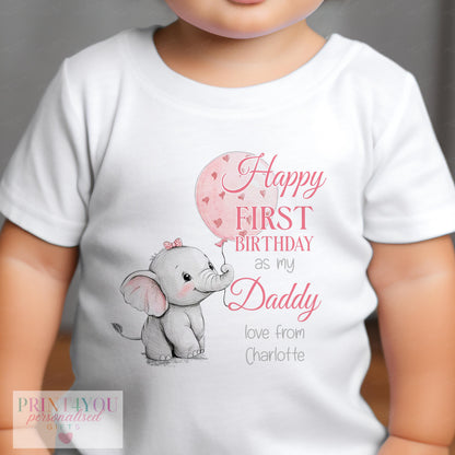 Close-up of the pink elephant and heart balloon print with personalised name on baby clothing