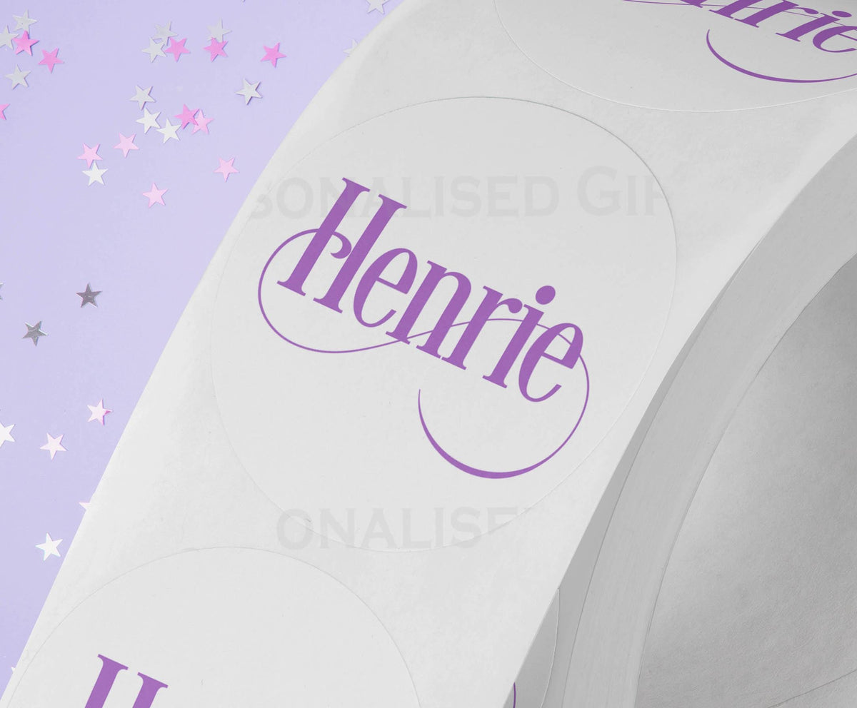 Personalised colourful festive name sticker shown with a variety of name examples