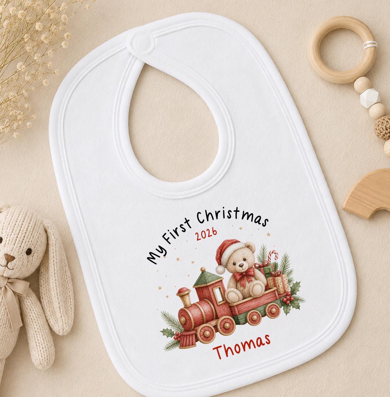 Personalised Baby Christmas Outfit - Teddy Bear Train, First Christmas 2026