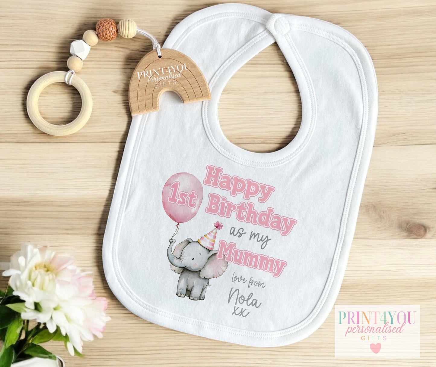 Personalised cute elephant sleepsuit featuring the elephant and pink balloon design with a custom name.