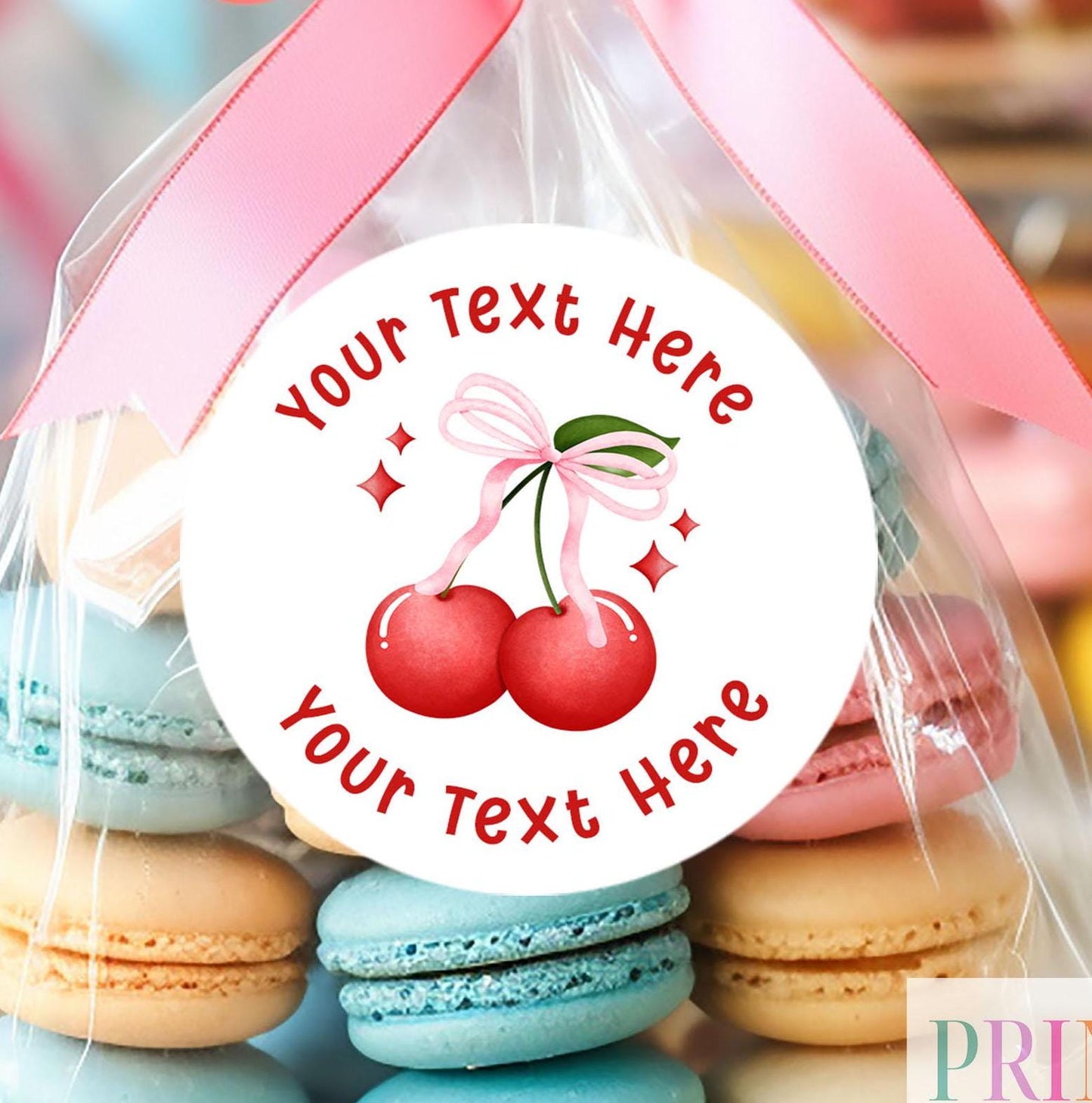Personalised cherry birthday stickers, glossy 5cm strips of three in a cello bag