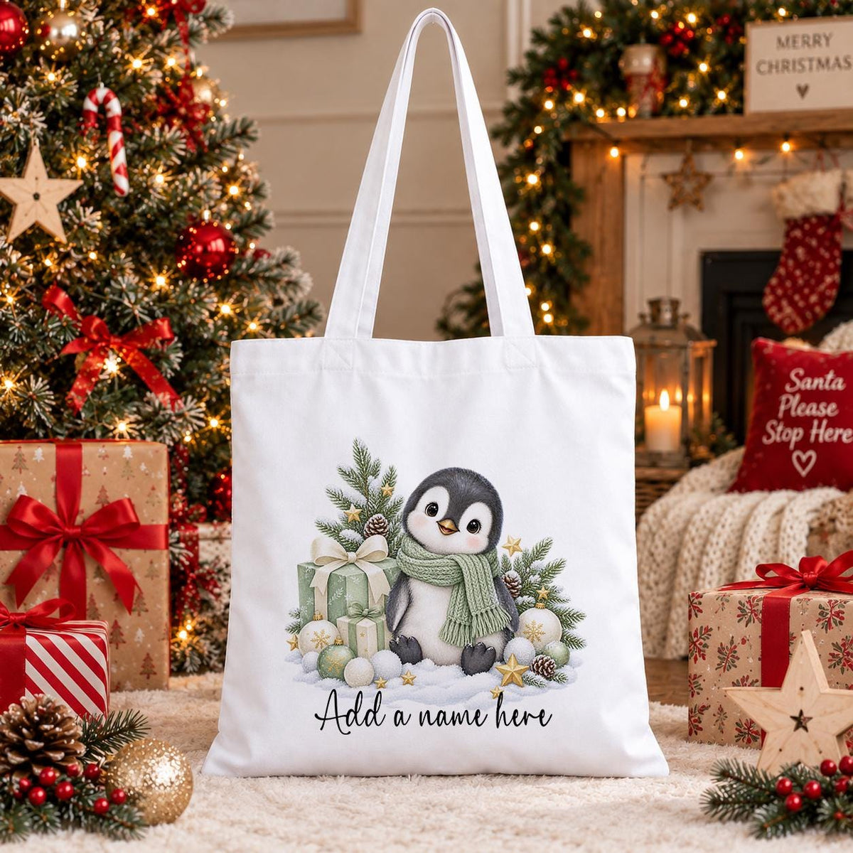 White cotton tote bag printed with a penguin in a sage green scarf beside wrapped gifts, pine and baubles, above a name in script.
