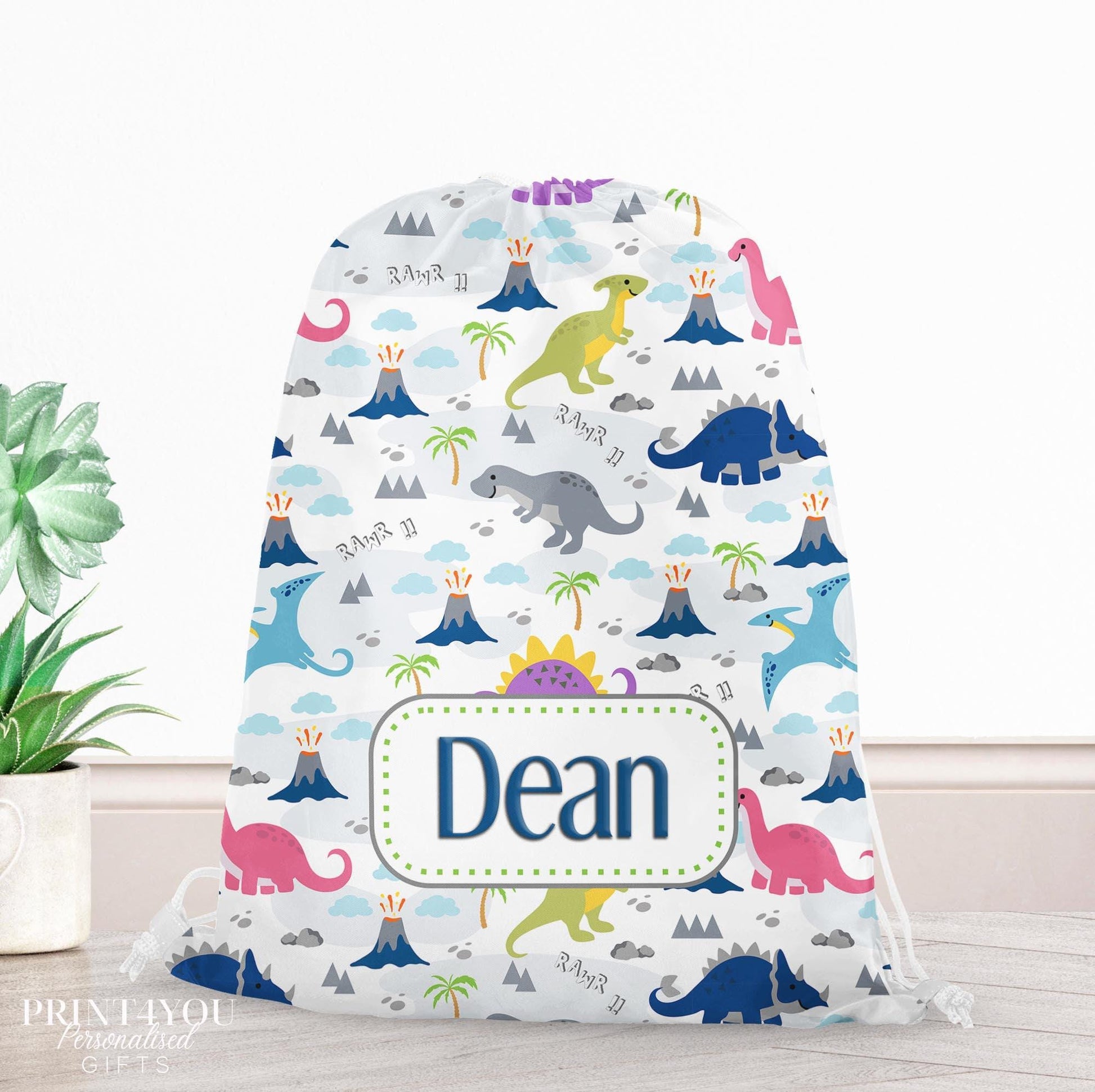 Personalised dinosaur print drawstring PE bag with a child's name printed on the front