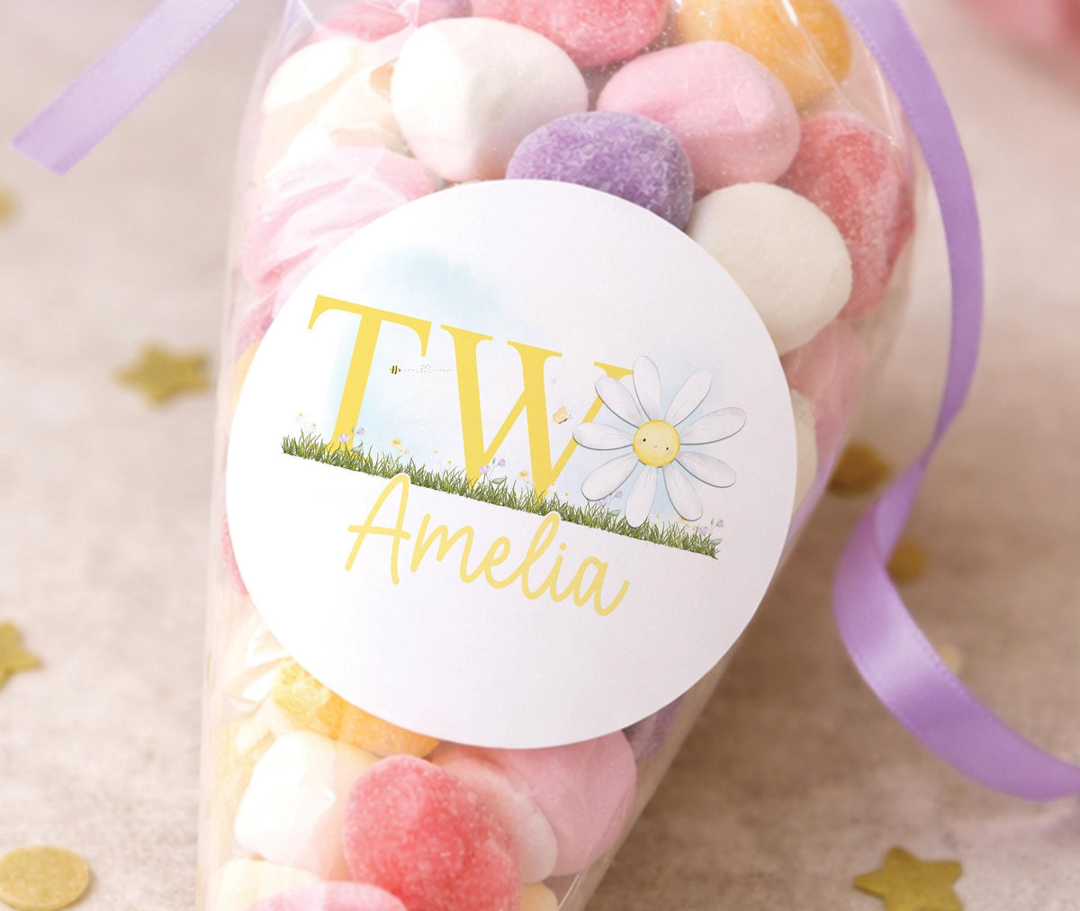 Sheet of glossy round personalised birthday stickers printed with a name and age