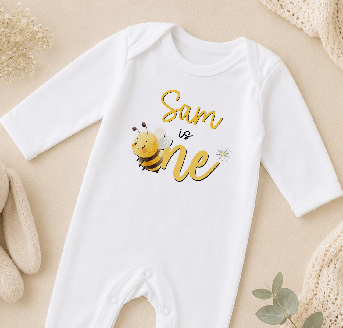 A white onesie with a bee graphic and the text "Sam is one" printed on it, along with a small flower.