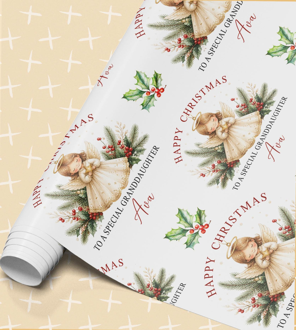 Rolled sheet of personalised angel Christmas wrapping paper printed with a name and Happy Christmas