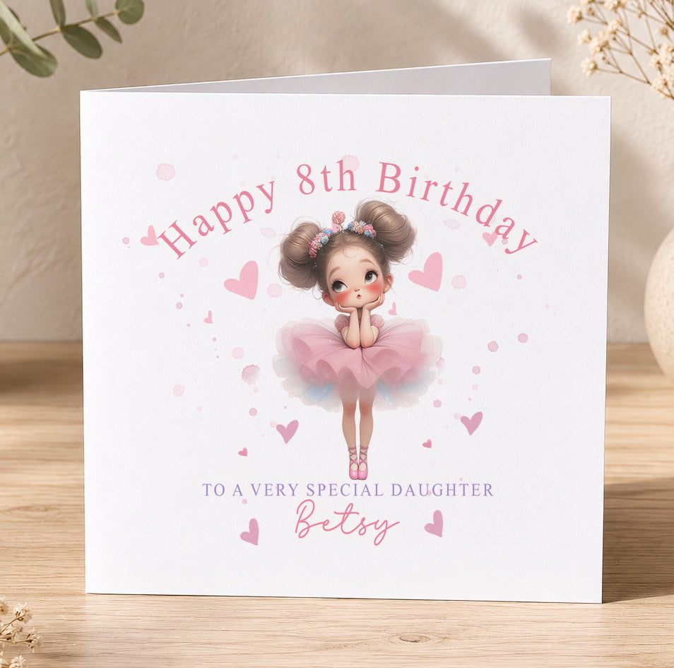 Personalised ballerina birthday card featuring a girl in a pink tutu surrounded by hearts, printed with a custom name and age.