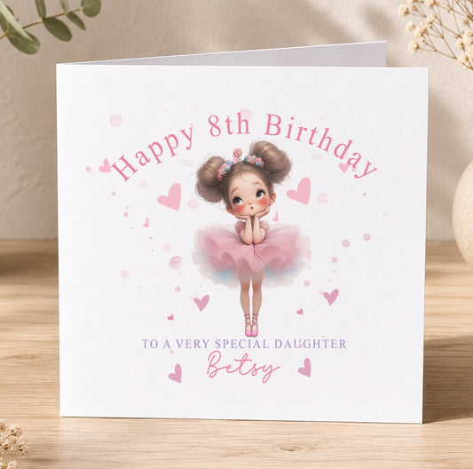 Personalised ballerina birthday card featuring a girl in a pink tutu surrounded by hearts, printed with a custom name and age.