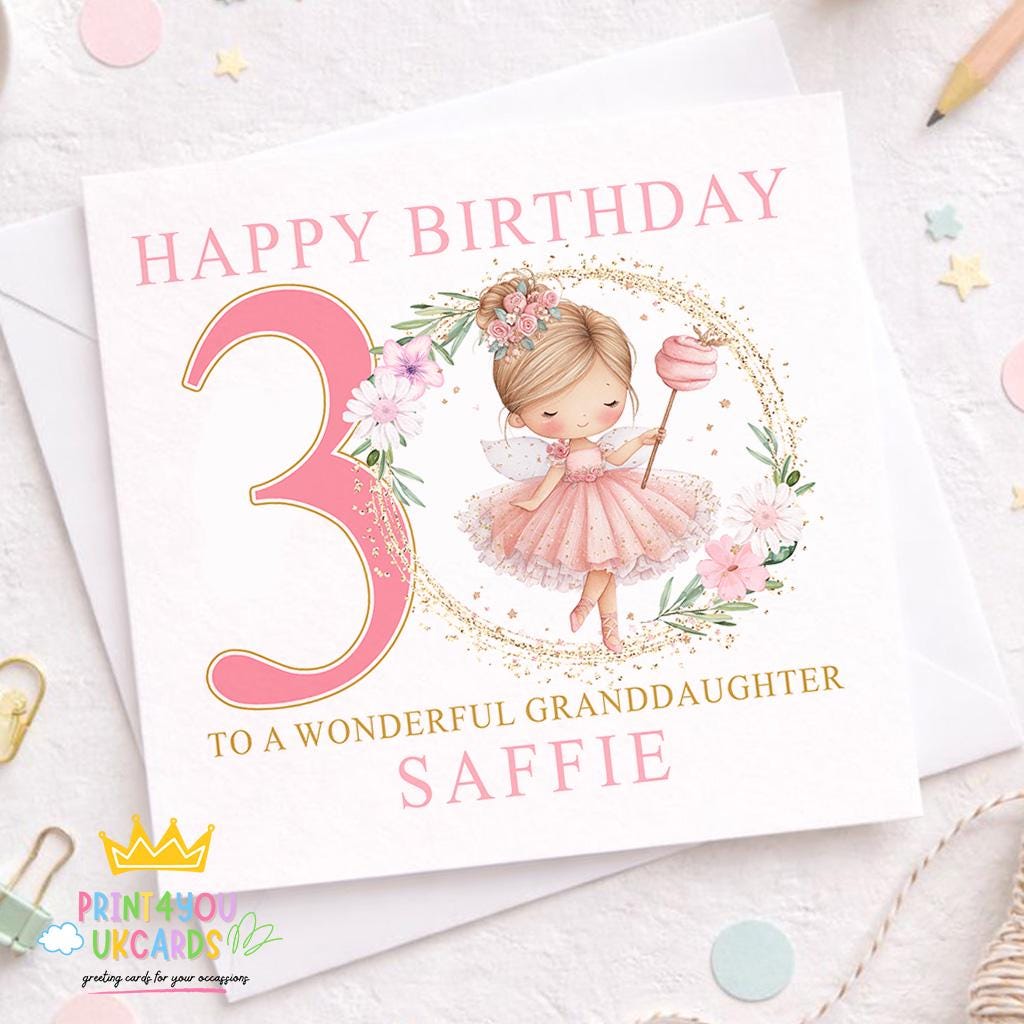 Square birthday card with a magical fairy design, personalised with a girl's name and 3rd birthday age