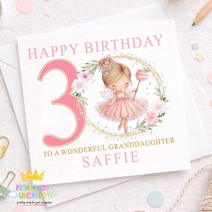 Square birthday card with a magical fairy design, personalised with a girl's name and 3rd birthday age