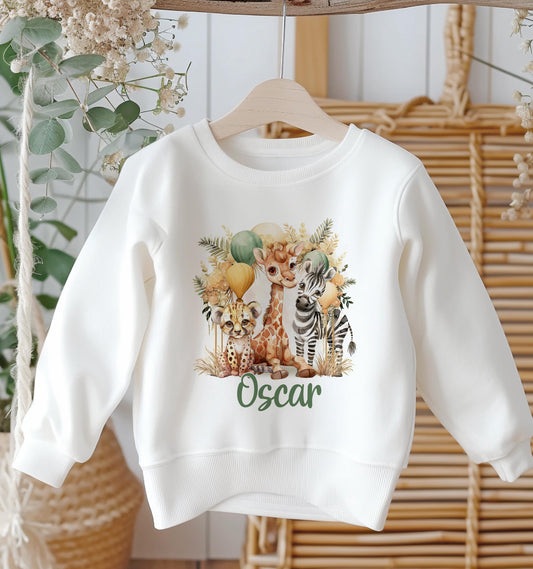 Personalised Sweatshirt Jumper For Children. White Cotton Sweatshirt – Boho Safari Birthday and name - 6-12m
