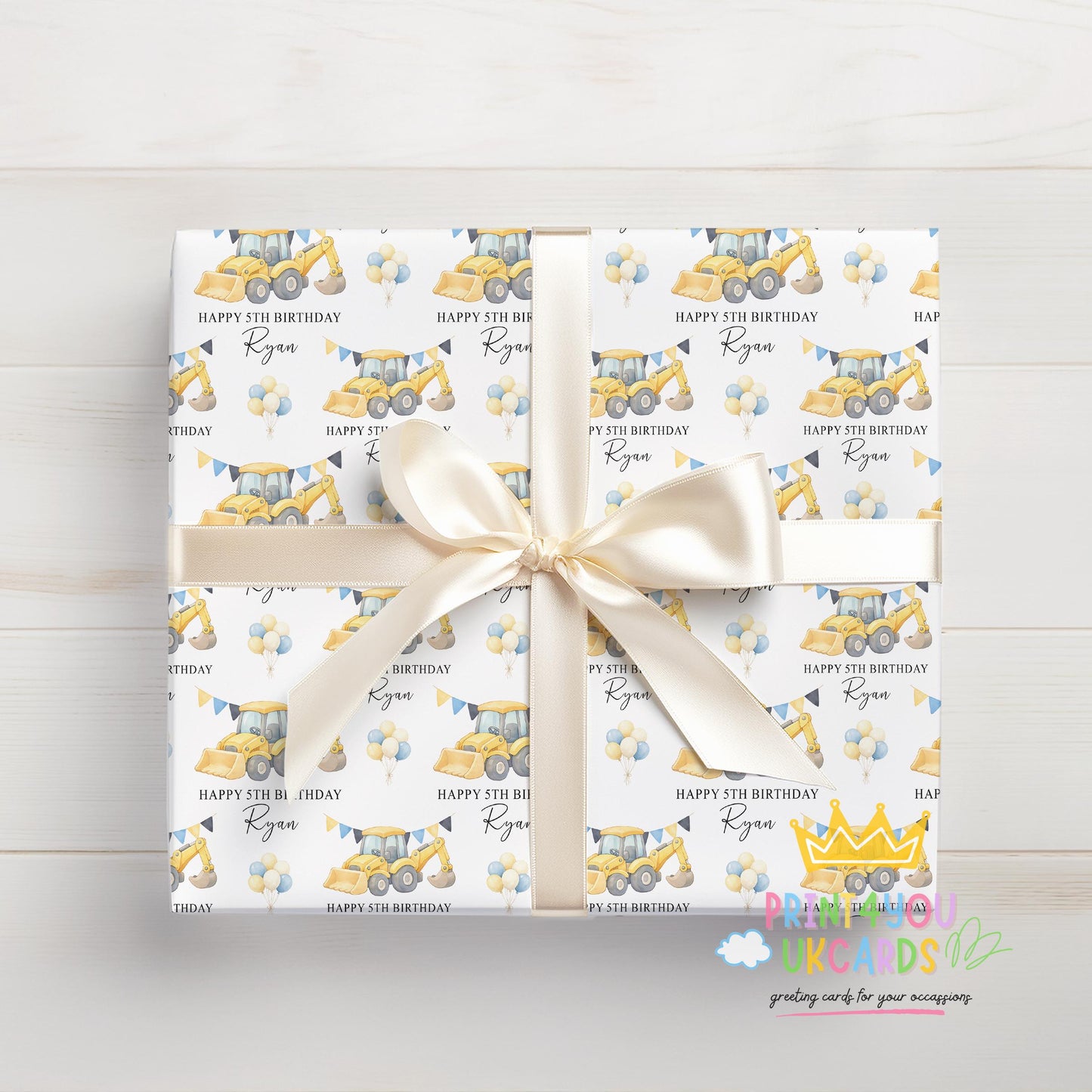 Alternate close-up view of the personalised digger wrapping paper design