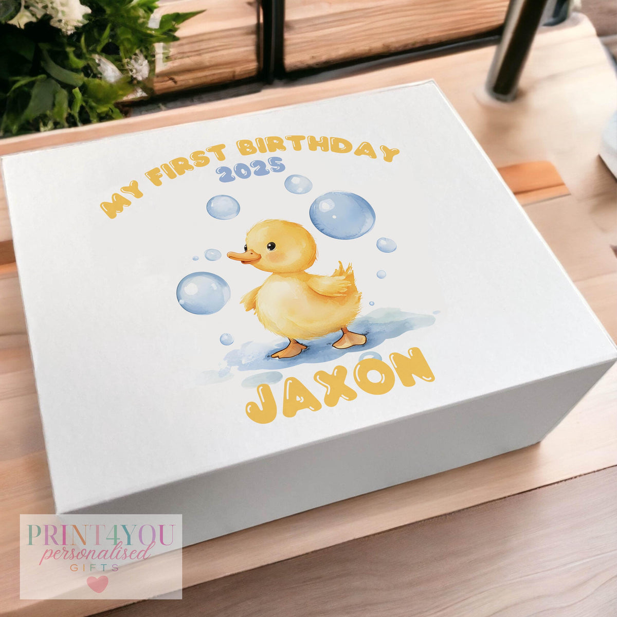 Personalised white magnetic keepsake box with rubber duck and bubbles design, medium size