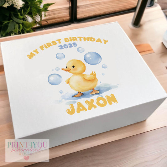 Personalised white magnetic keepsake box with rubber duck and bubbles design, medium size
