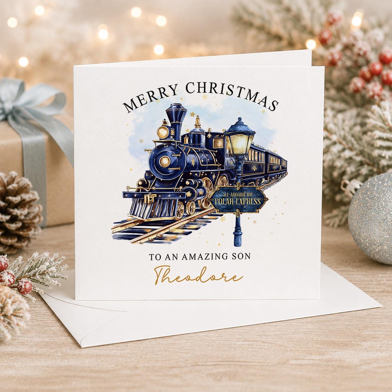 Personalised Christmas card, white 6x6 inch square card printed with a navy steam train at a snowy station, Merry Christmas and a name