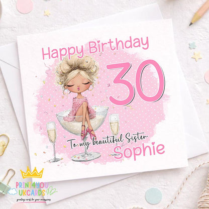 Second view of the personalised pink champagne birthday card design