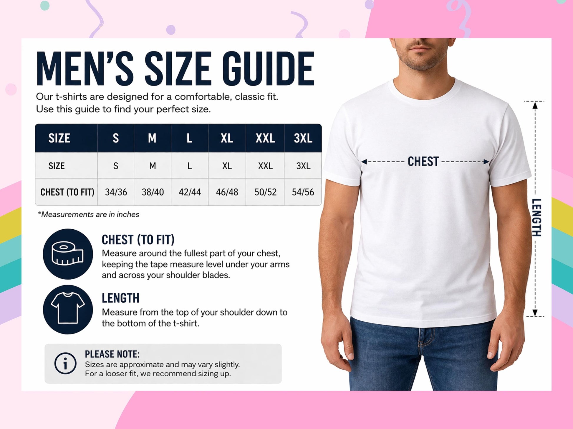 The image is a men's size guide, which provides measurements and guidelines for finding the perfect fit for a t-shirt.