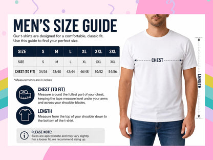 The image is a men's size guide, which provides measurements and guidelines for finding the perfect fit for a t-shirt.