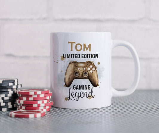 Close-up of the gold gaming controller print on the personalised ceramic mug