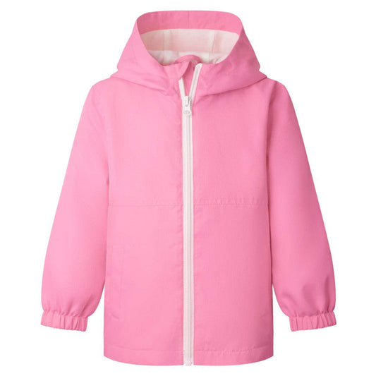 Pink lightweight hooded raincoat for kids, front view showing zip and hood