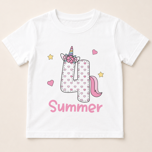 A white t-shirt with a graphic design featuring a unicorn and the number 4, along with the text "Summer" below the number.