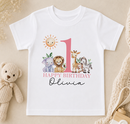 Personalised white t-shirt printed with a sun, giraffe, lion and zebra and 'Happy Birthday Olivia'.