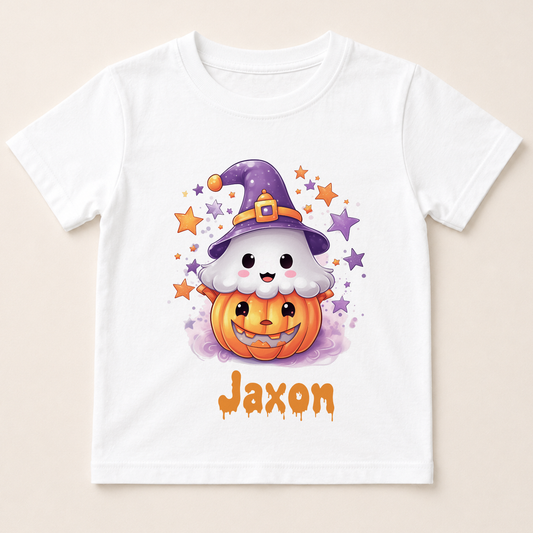 A white t-shirt with a Halloween-themed graphic design featuring a ghost and a pumpkin.