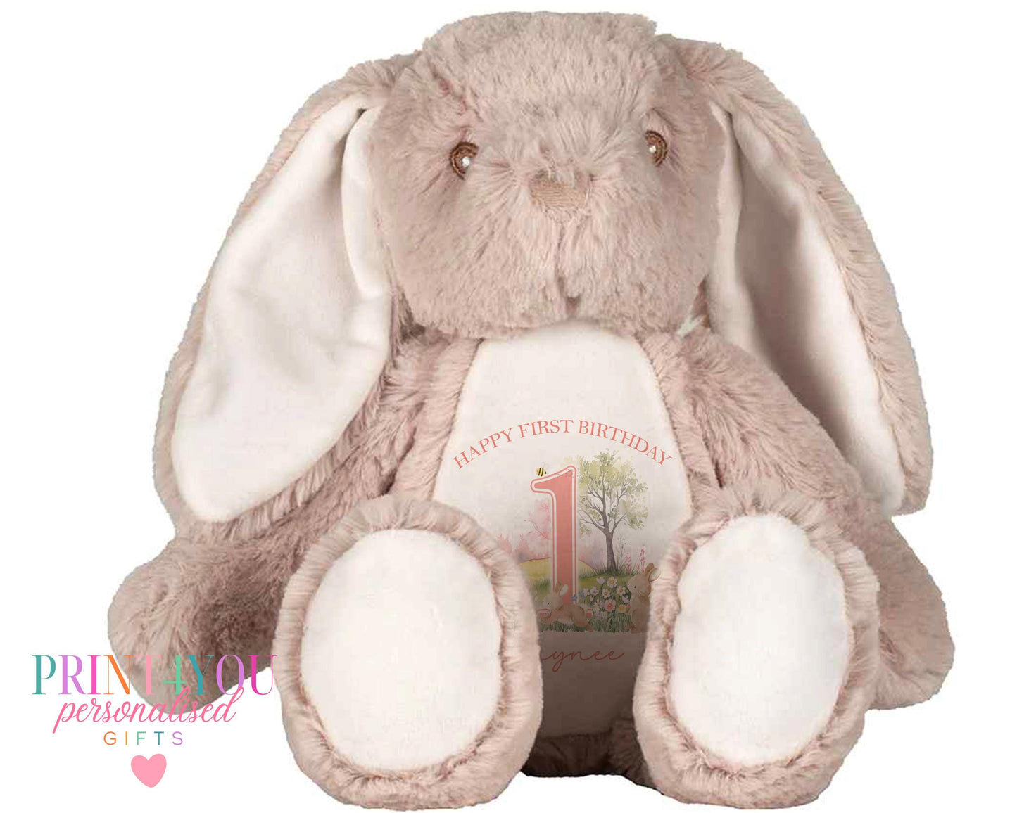 Personalised first birthday plush toy rabbit in pink, approximately 25cm tall, with custom printed tummy design