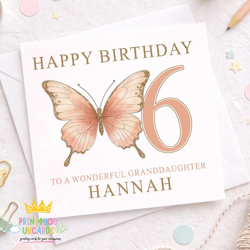 Square birthday card with a gold and blush butterfly design, personalised with a girl's name and age