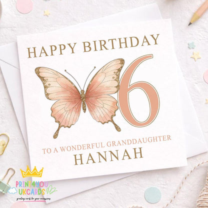 Square birthday card with a gold and blush butterfly design, personalised with a girl's name and age