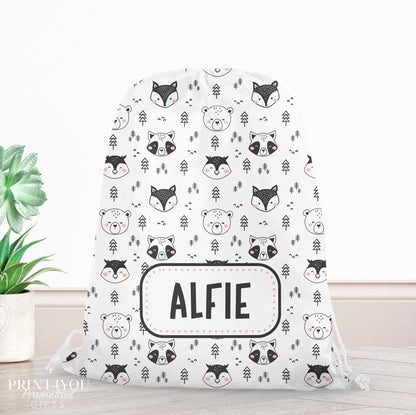 Personalised Scandinavian woodland animal drawstring PE bag printed with a custom name on the front