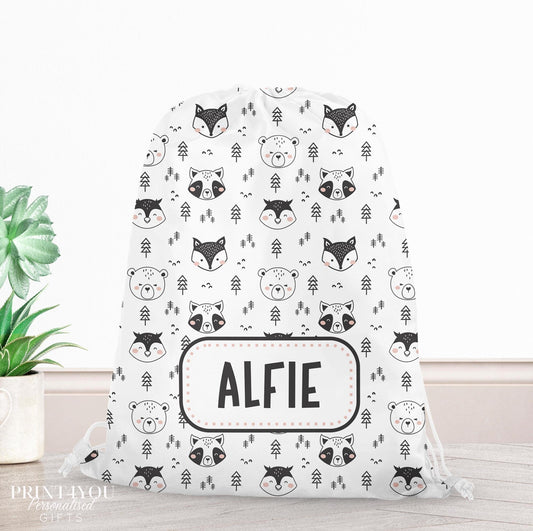 Personalised Scandinavian woodland animal drawstring PE bag printed with a custom name on the front