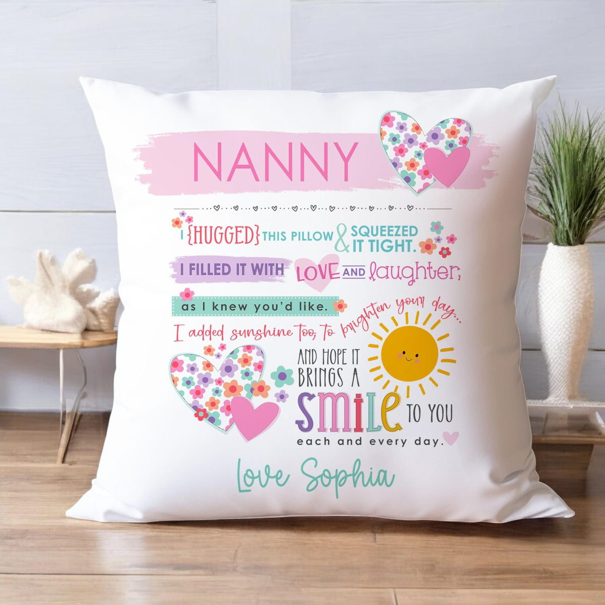 Close-up of personalised Nan cushion design with heartfelt poem and floral print