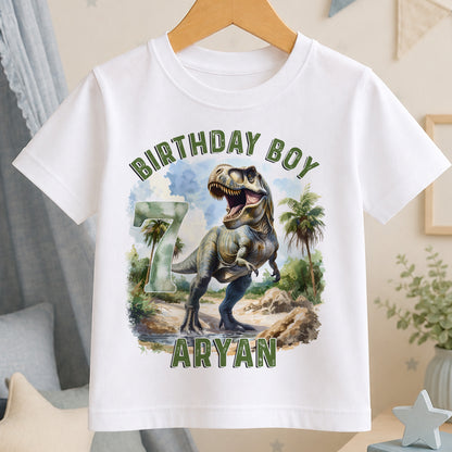 White cotton t-shirt with T-Rex dinosaur design personalised with custom name and birthday age