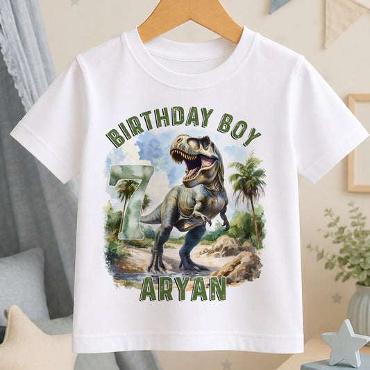 White cotton t-shirt with T-Rex dinosaur design personalised with custom name and birthday age
