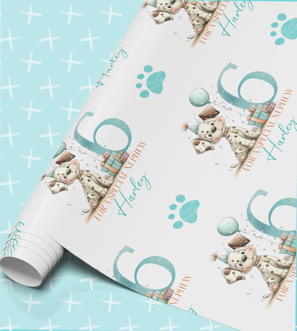a roll of wrapping paper with a repeating pattern of a dog wearing a party hat and holding a gift box, along with paw prints and the number 6.