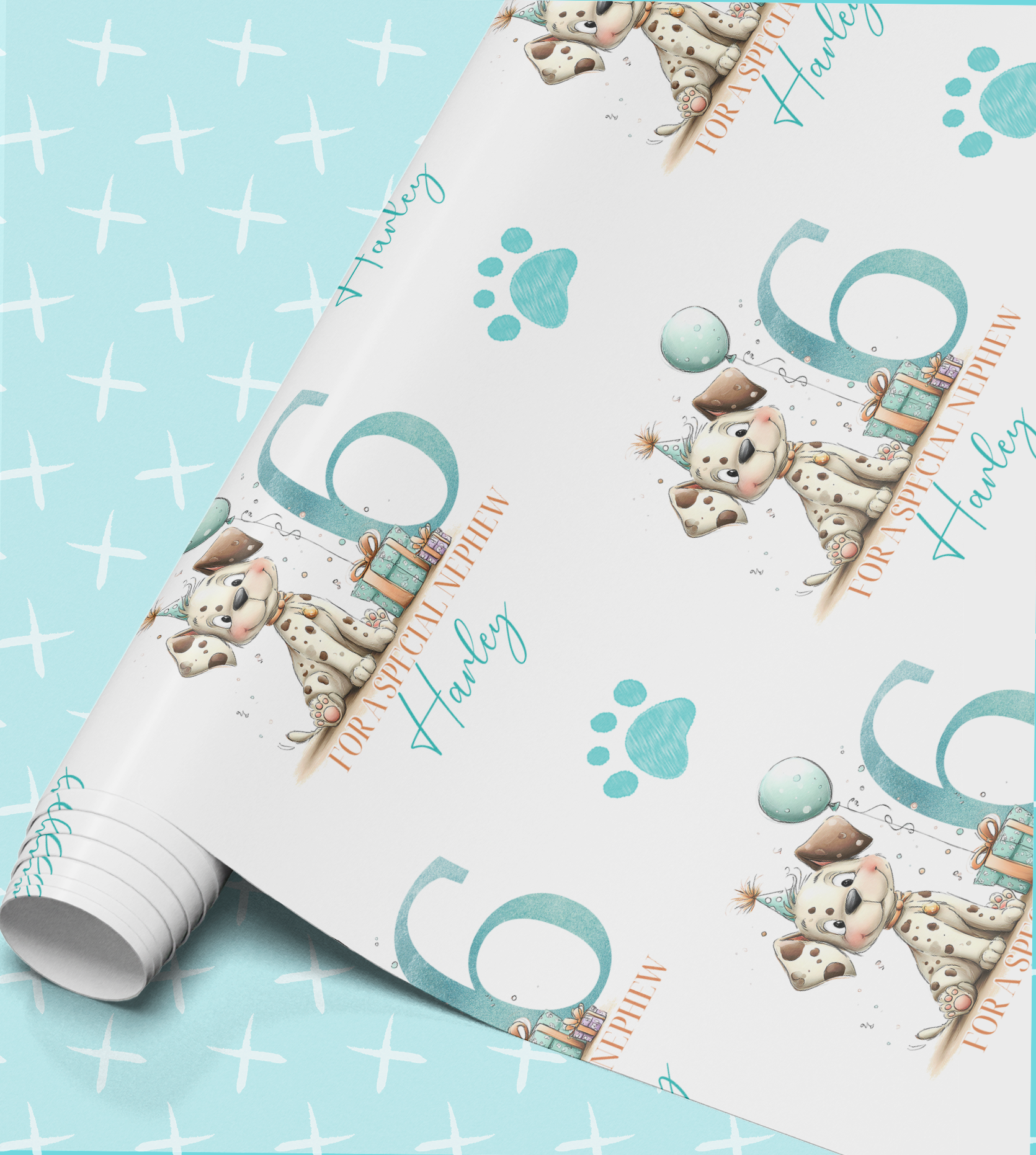 a roll of wrapping paper with a repeating pattern of a dog wearing a party hat and holding a gift box, along with paw prints and the number 6.