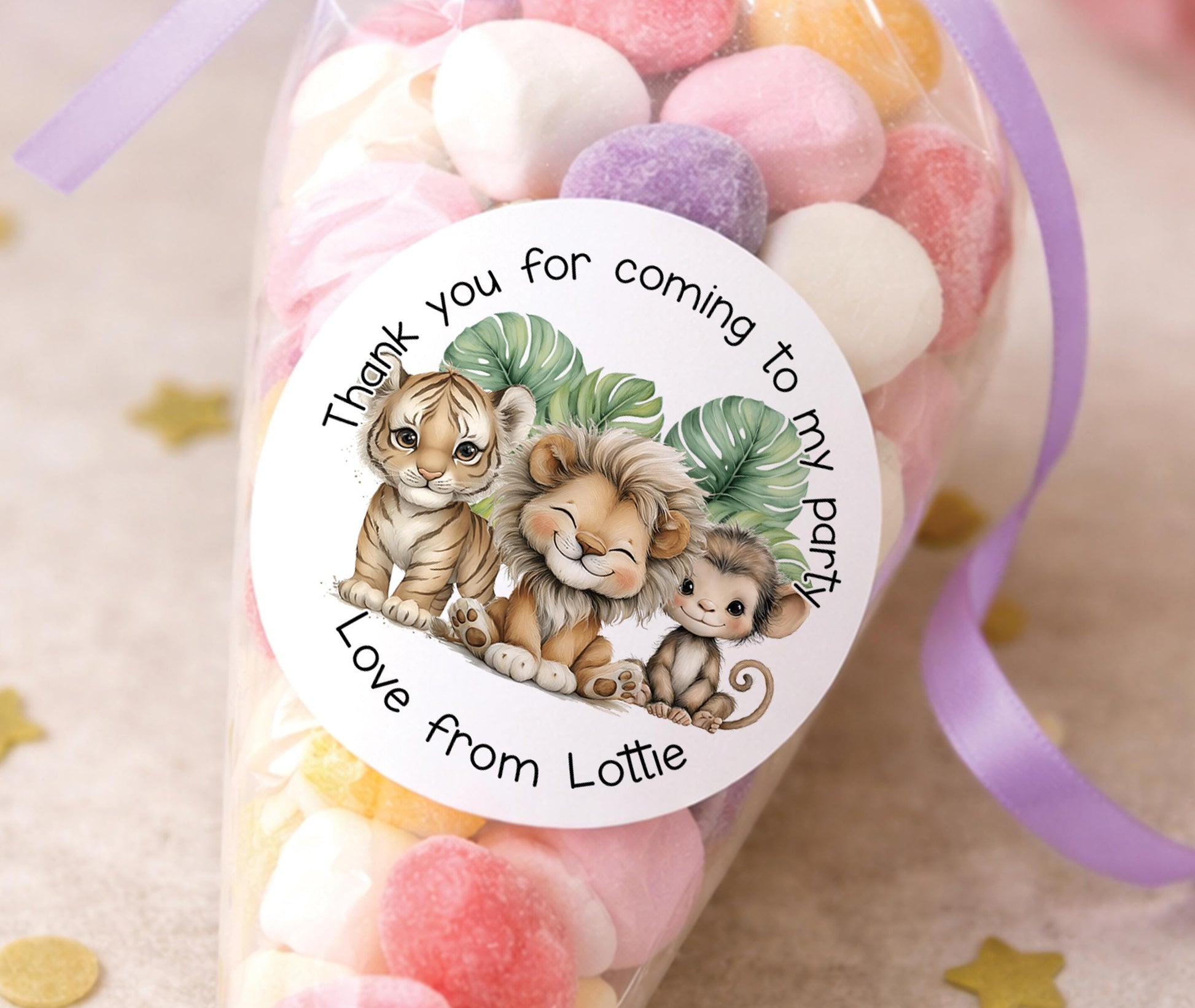 Sheet of personalised safari animal party stickers for jungle-themed party bags