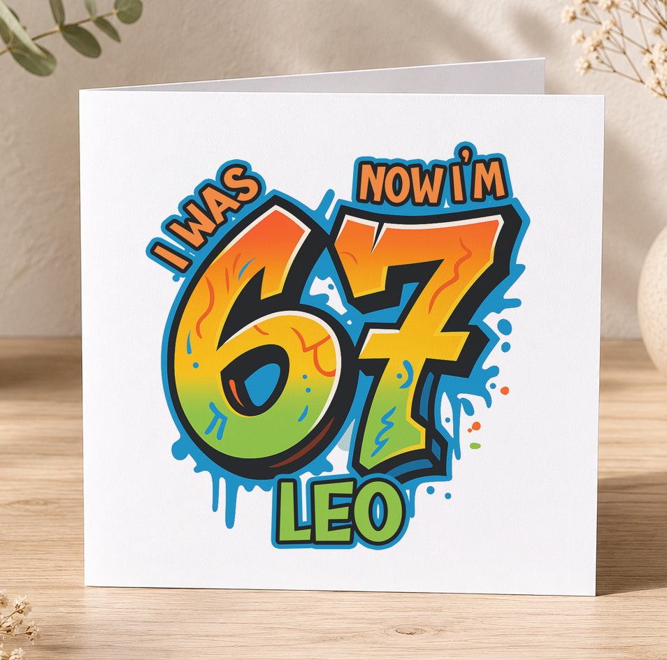Square birthday card with a colourful graphic design showing a personalised age number and the name 'Leo', surrounded by fun birthday icons.